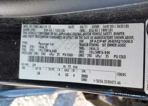 2011 Ford Fiesta Ses из США, поврежденный, VIN 3FADP4FJ6BM210063